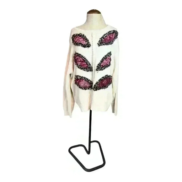 KOOS of Course! Women's 1X Beige Pullover Sweater Long Sleeve Paisley Fringe - Picture 5 of 7